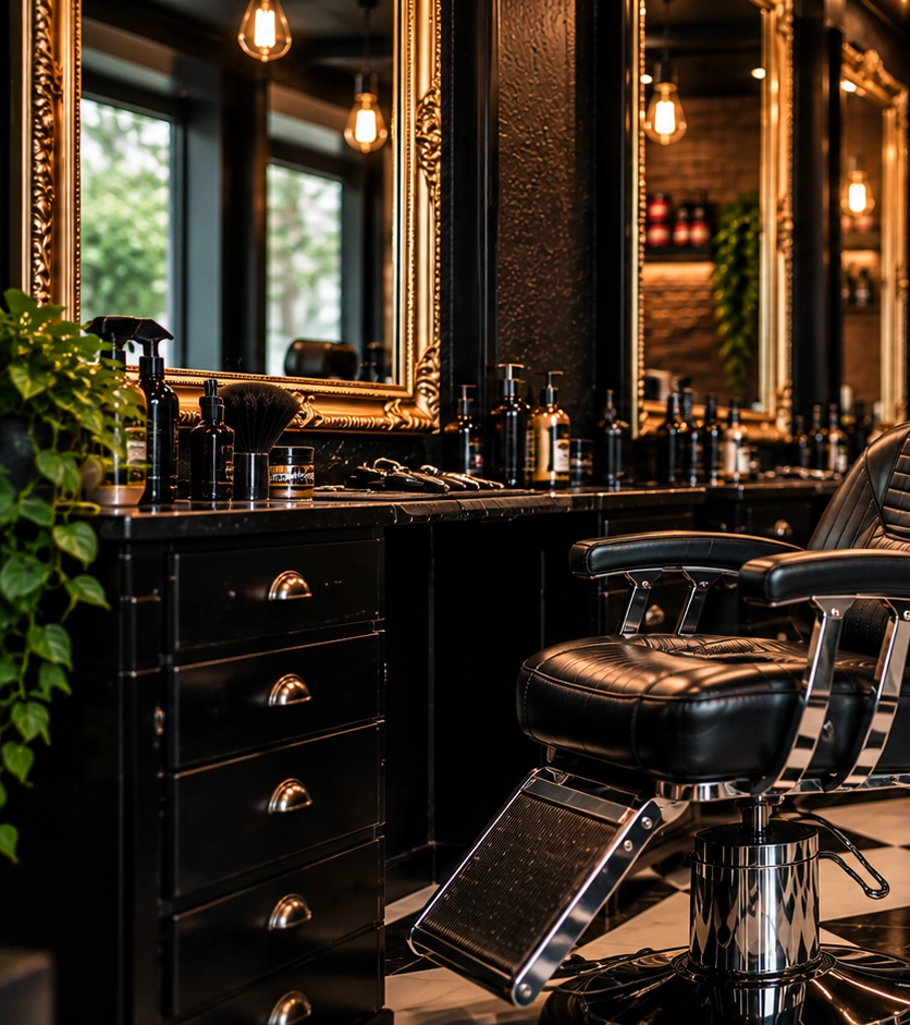 Miroir doré et poste de coiffure
